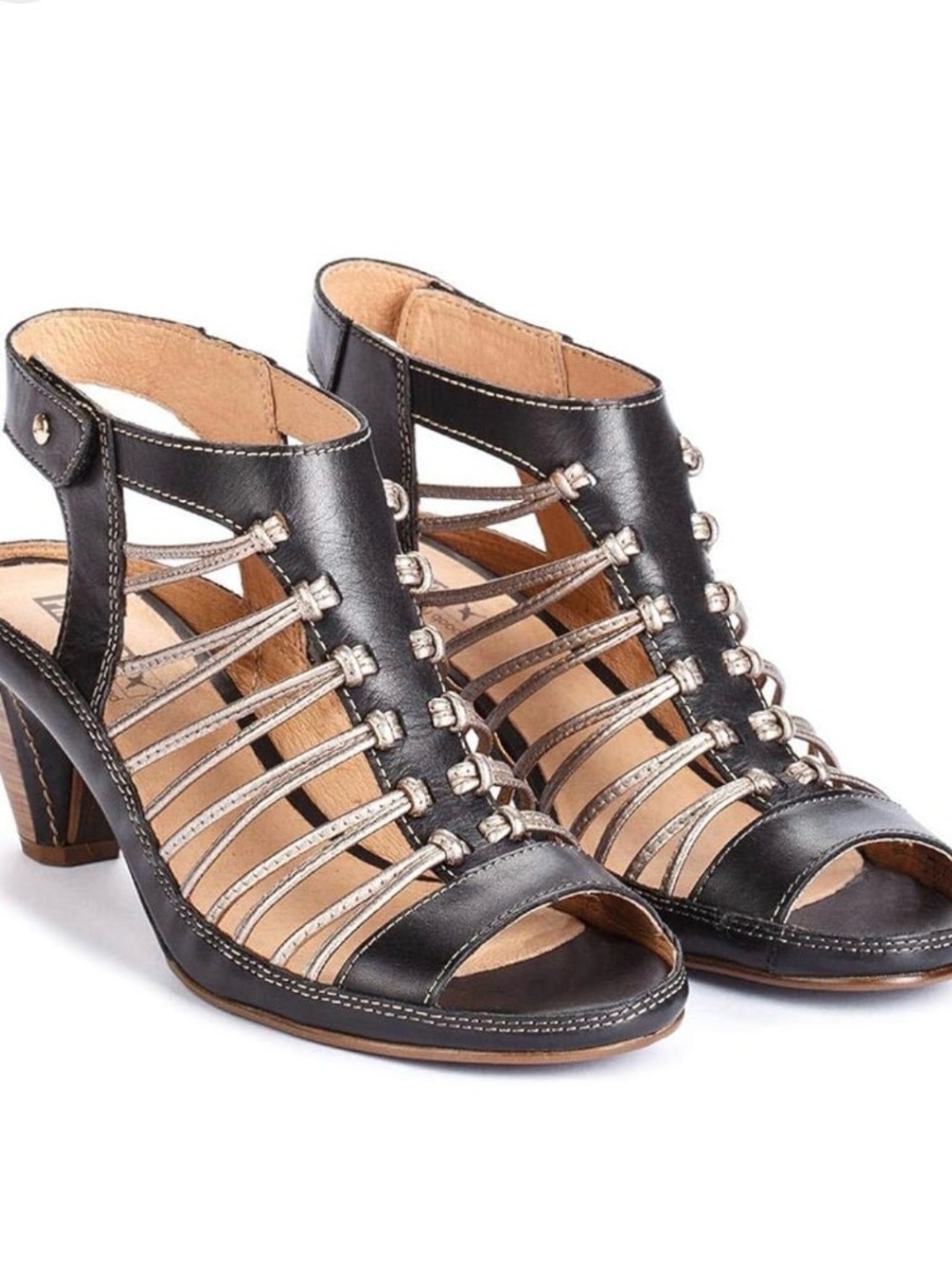 PIKOLINOS Black Open-Toe Strappy Heels with Silver Accents